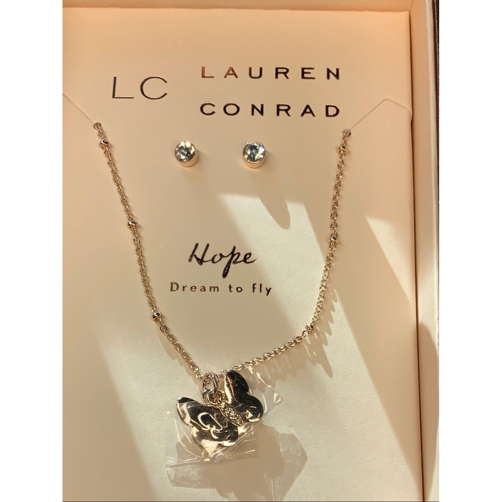LC Lauren Conrad Gold Butterfly Pendant Necklace with Crystal Stud Earrings Set